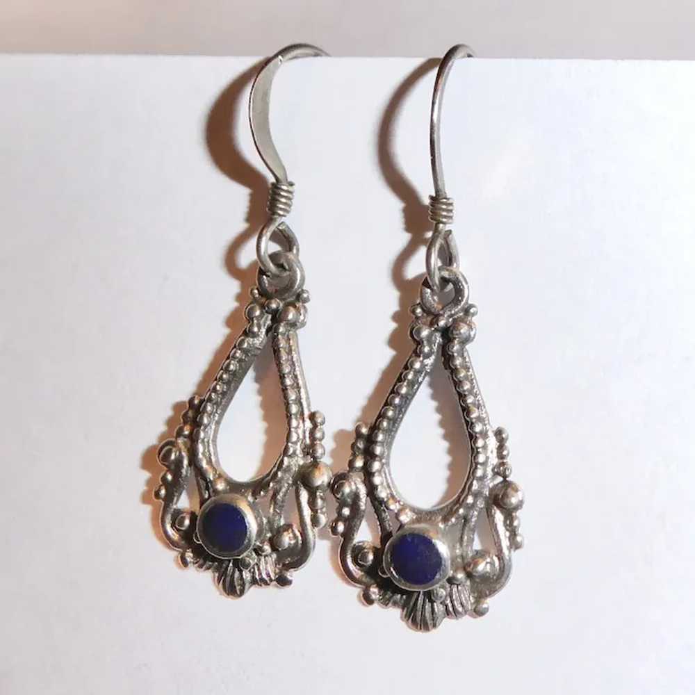 Ethnic Sterling Drop Earrings w Lapis - image 5