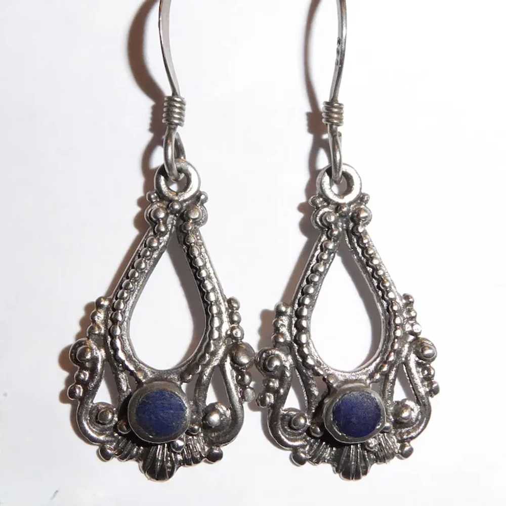 Ethnic Sterling Drop Earrings w Lapis - image 6