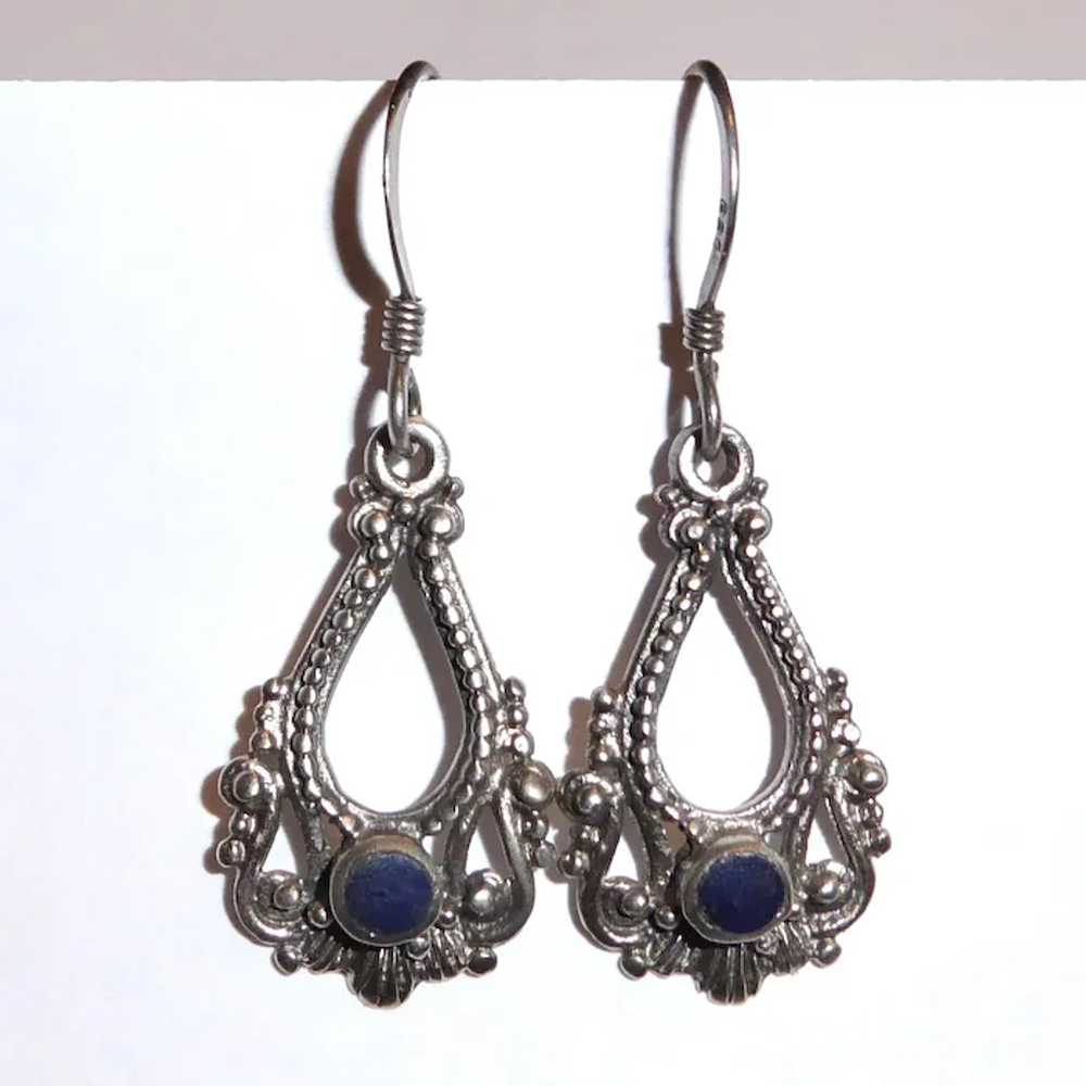 Ethnic Sterling Drop Earrings w Lapis - image 9