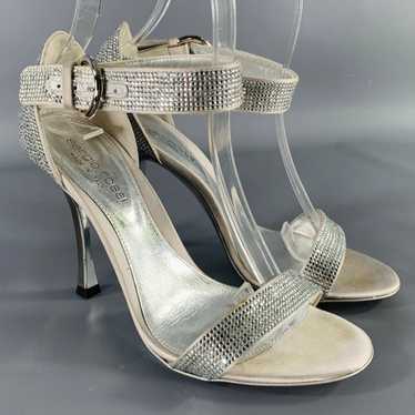 Sergio Rossi Silver Grey Silk Ankle Strap Sandals