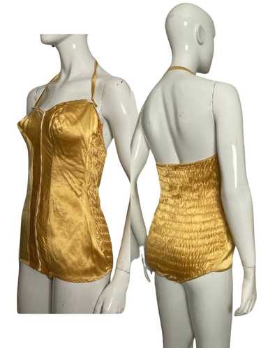 Vintage Vintage 1950s Gold Satin Bathing Suit Min… - image 1