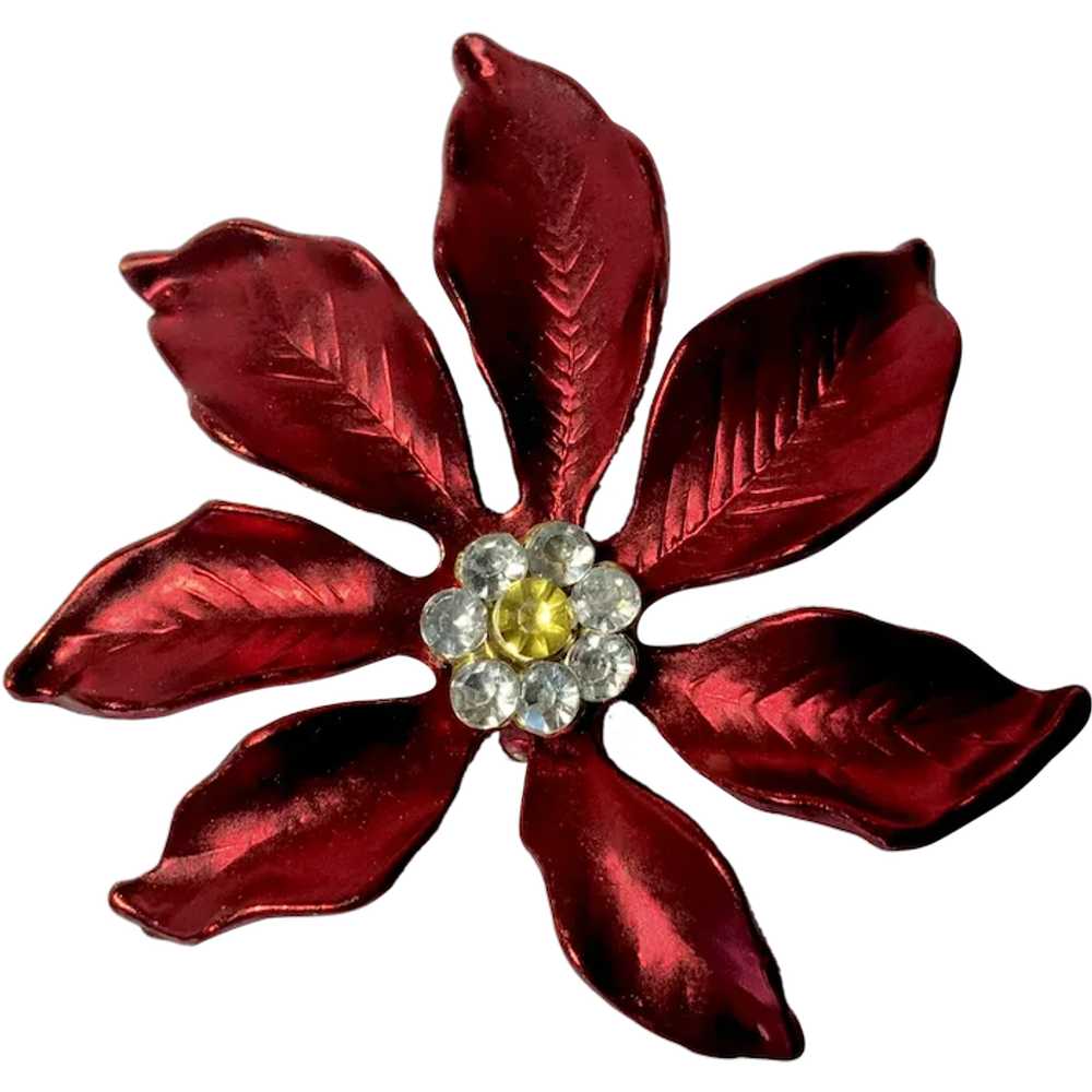 Sparkle Red Poinsettia Flower Christmas Brooch Pin - image 1