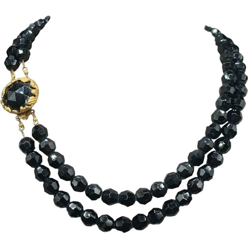 Vintage Double Strand Necklace Black Glass Beads … - image 1