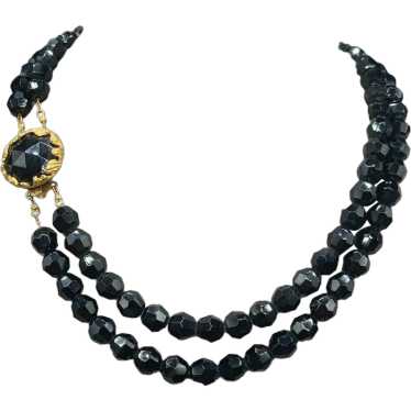 Vintage Double Strand Necklace Black Glass Beads … - image 1