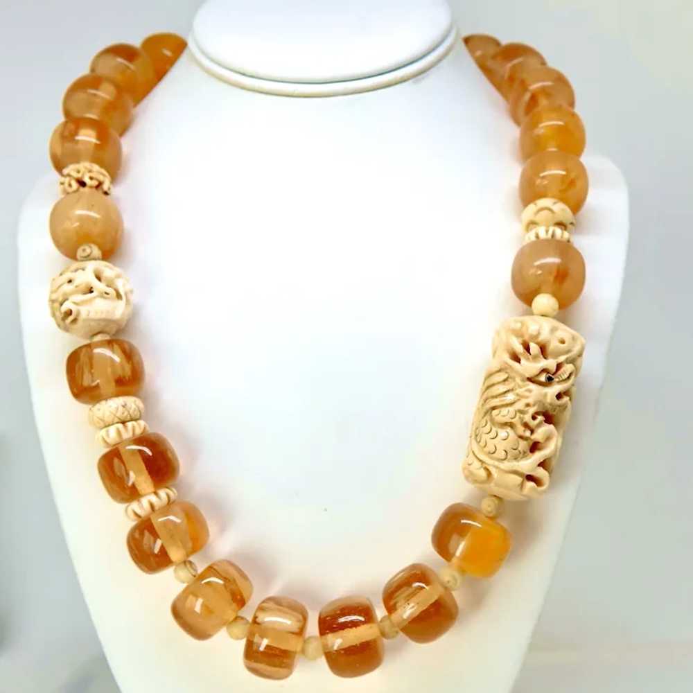 Carved Bone Dragons, Golden Amber Resin Necklace - image 2