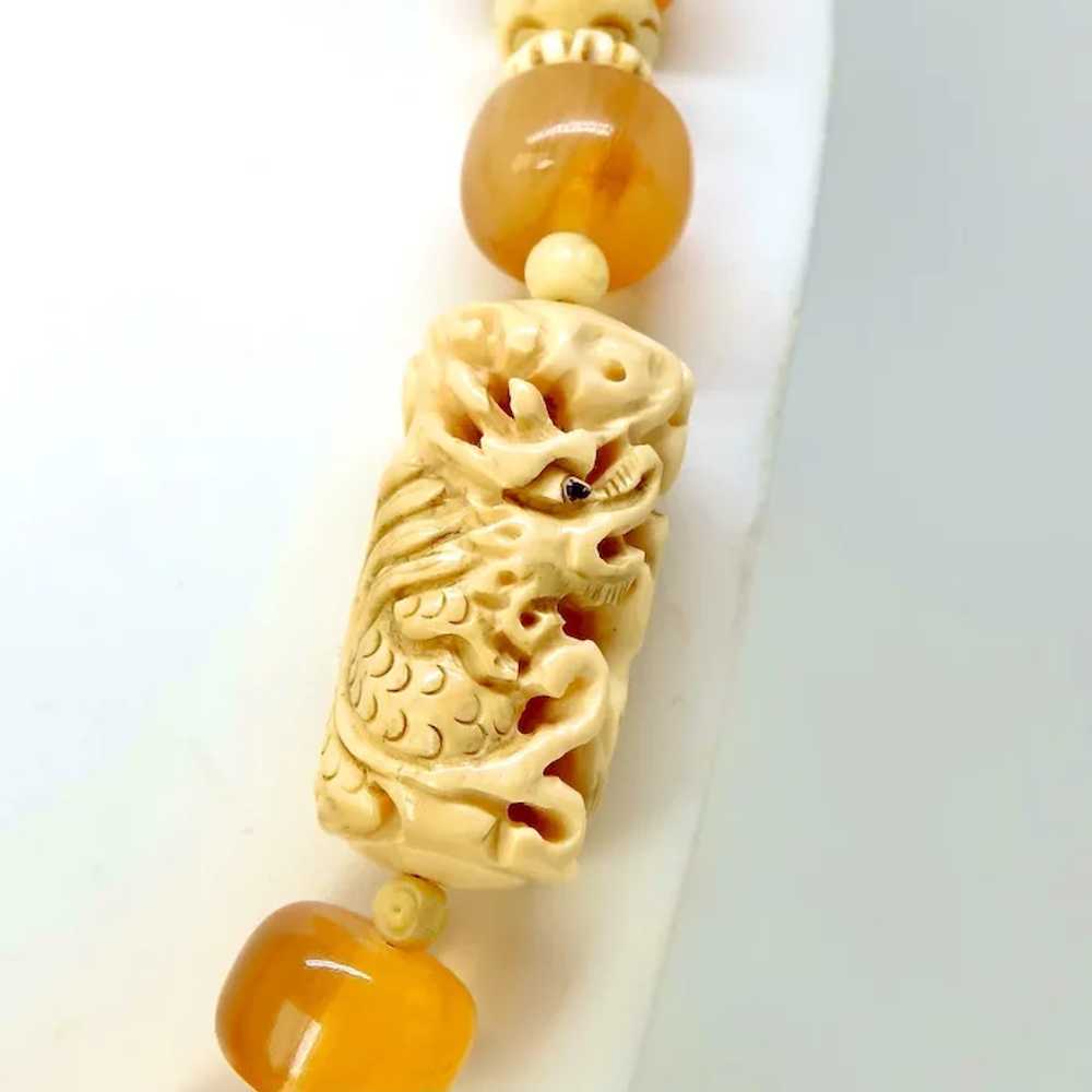 Carved Bone Dragons, Golden Amber Resin Necklace - image 3