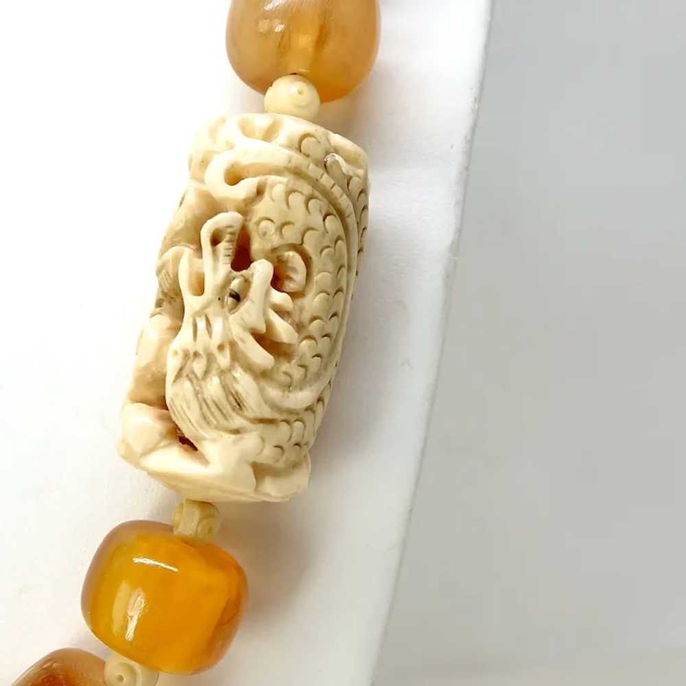 Carved Bone Dragons, Golden Amber Resin Necklace - image 5