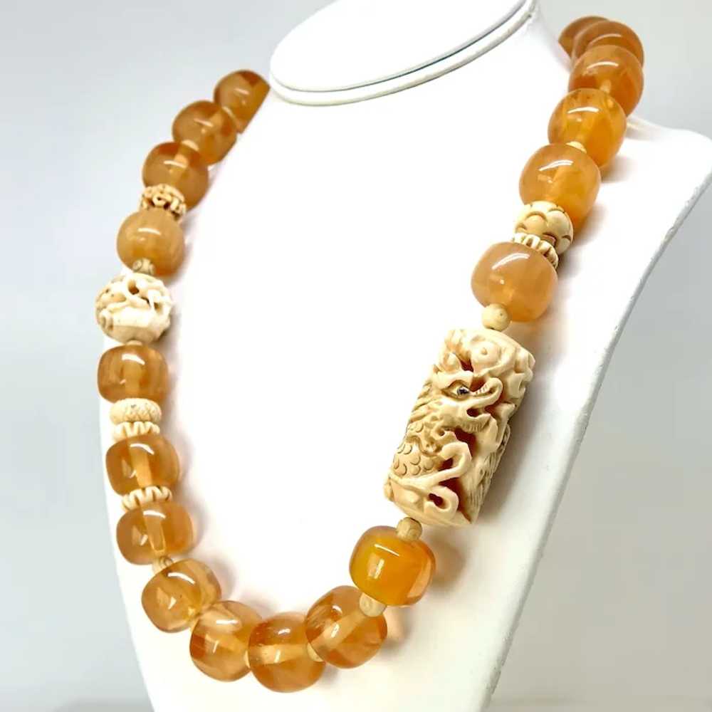 Carved Bone Dragons, Golden Amber Resin Necklace - image 6