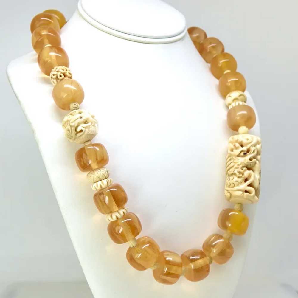 Carved Bone Dragons, Golden Amber Resin Necklace - image 7