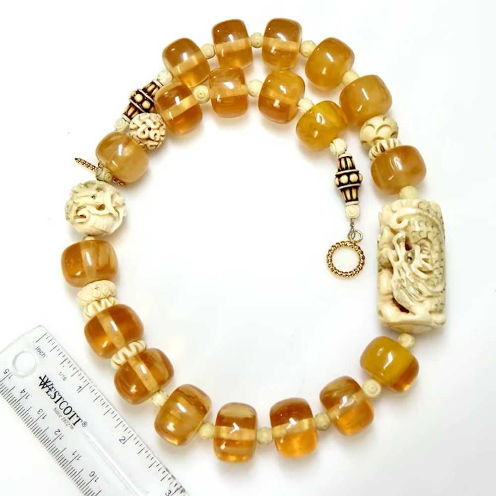 Carved Bone Dragons, Golden Amber Resin Necklace - image 9