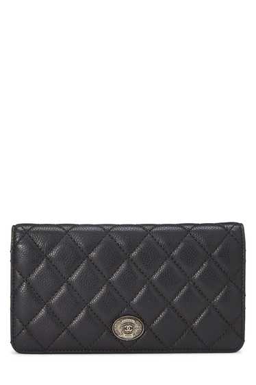 Black Quilted Caviar Long Flap Wallet