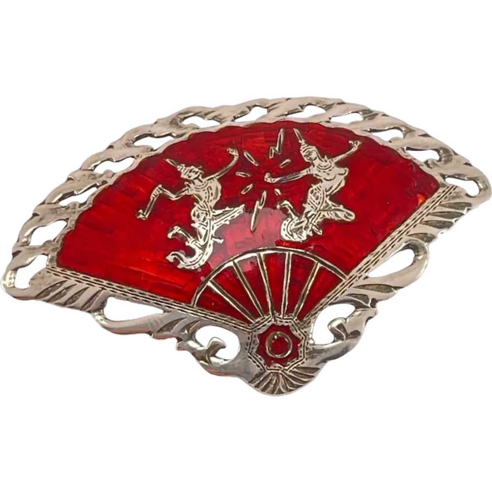 Vintage Silver & Red Enamel Fan Brooch with Thai … - image 1