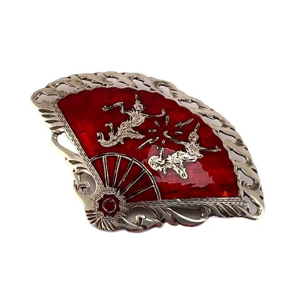 Vintage Silver & Red Enamel Fan Brooch with Thai … - image 2