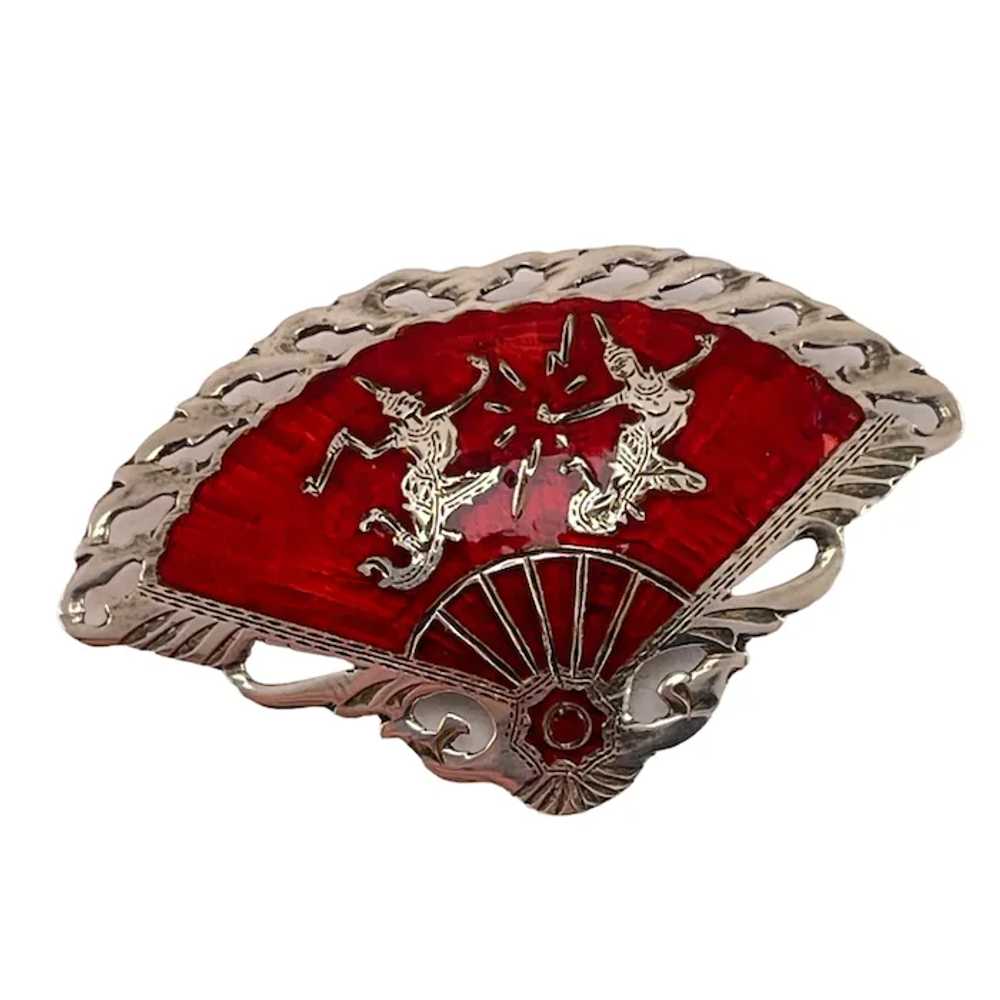 Vintage Silver & Red Enamel Fan Brooch with Thai … - image 3