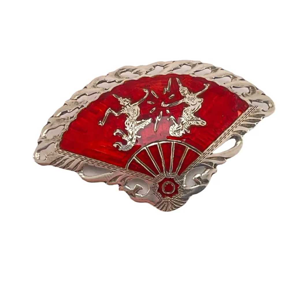 Vintage Silver & Red Enamel Fan Brooch with Thai … - image 4