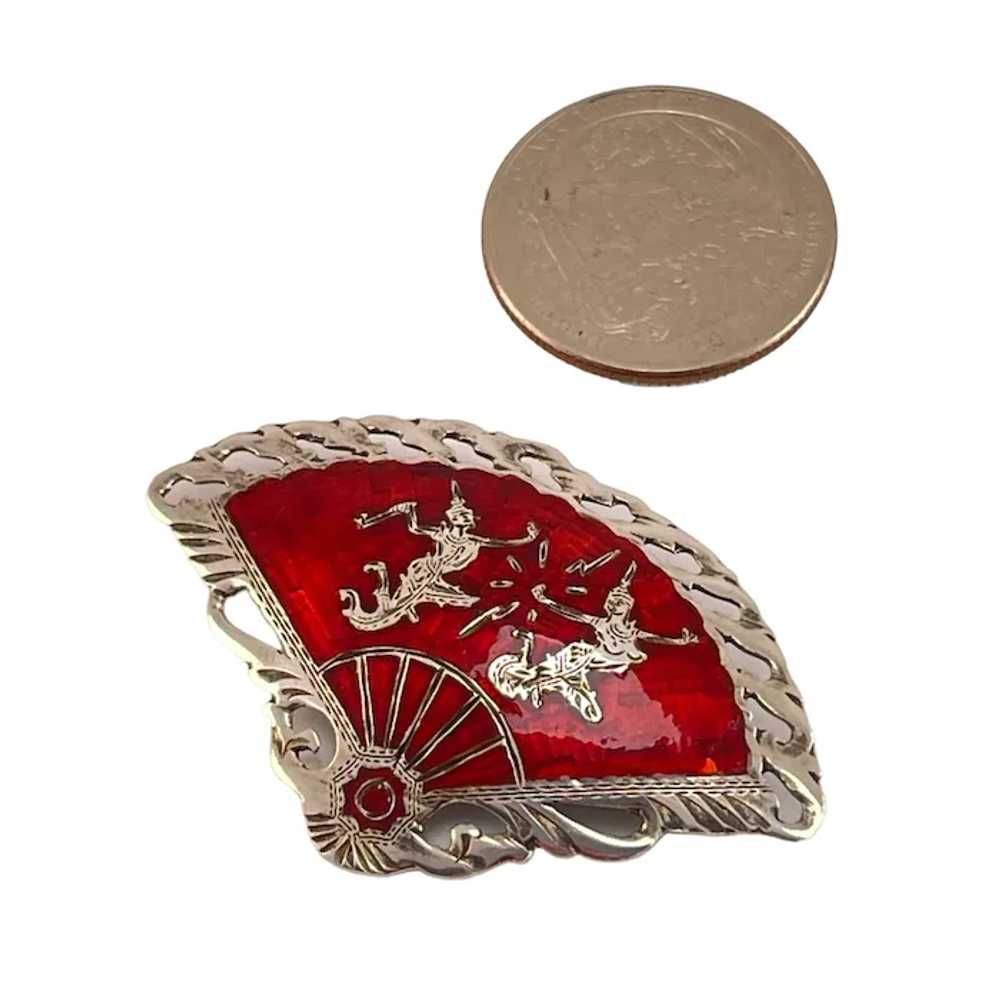 Vintage Silver & Red Enamel Fan Brooch with Thai … - image 6