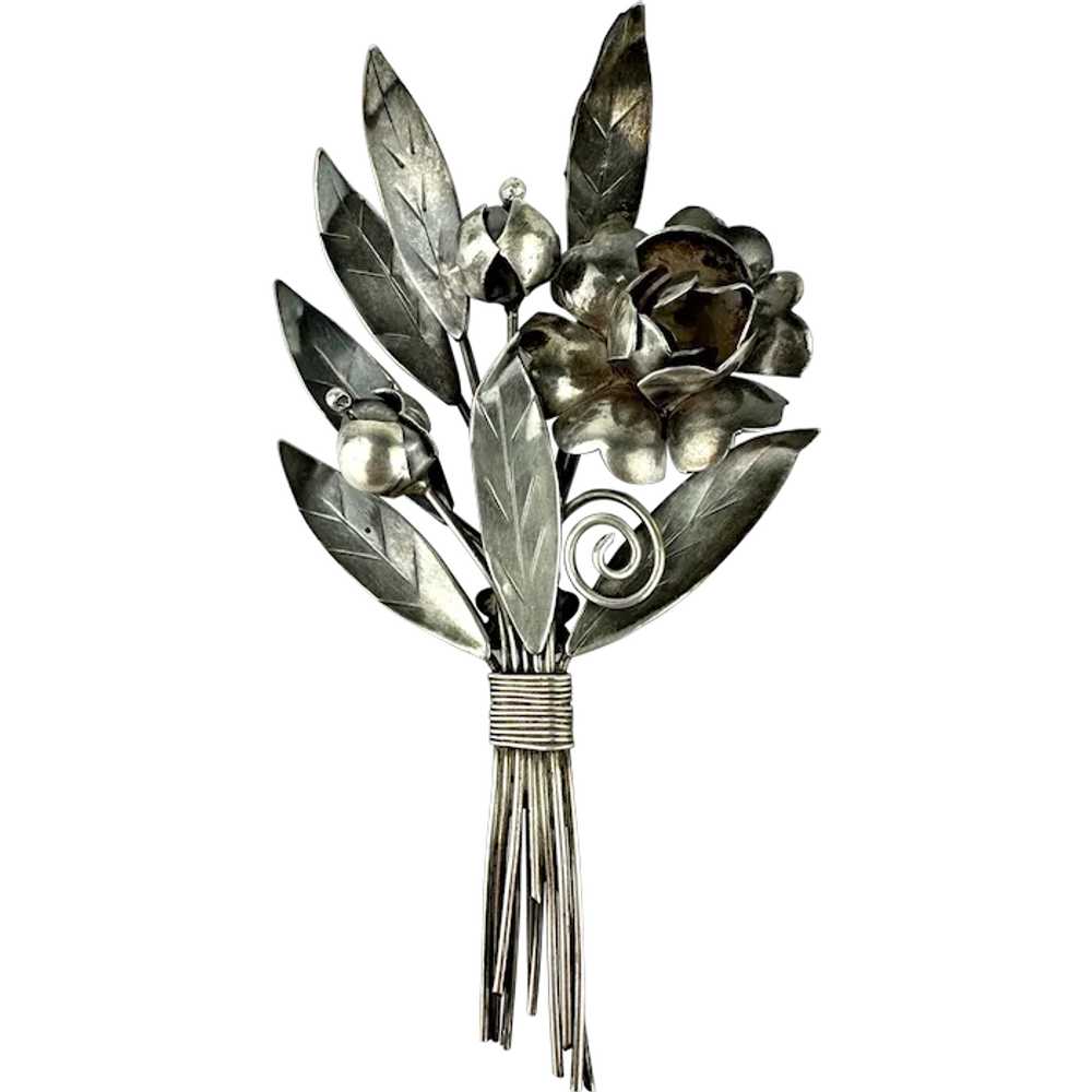 Vintage Sterling Silver Floral Bouquet Brooch - image 1