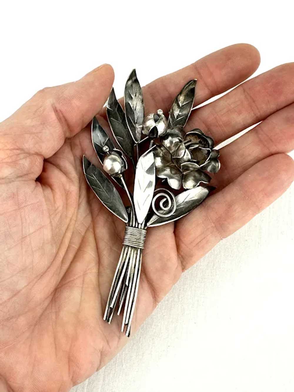 Vintage Sterling Silver Floral Bouquet Brooch - image 2