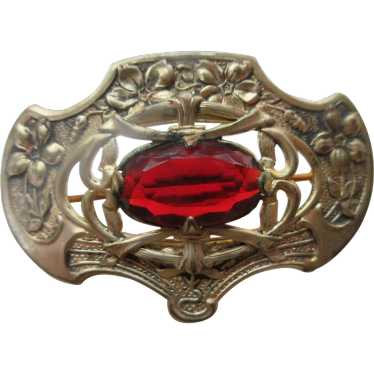 Antique Sash Pin  Flowers Faceted Red Stone