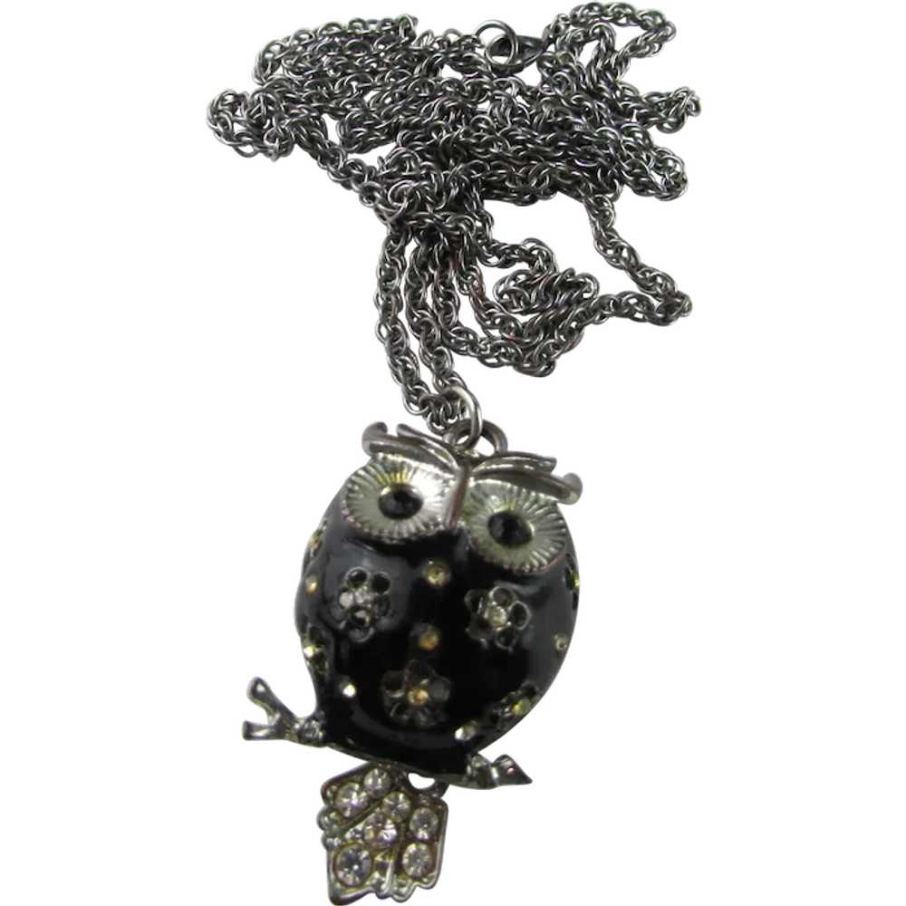 Black Enamelled Owl Pendant With Crystal Eyes and… - image 1