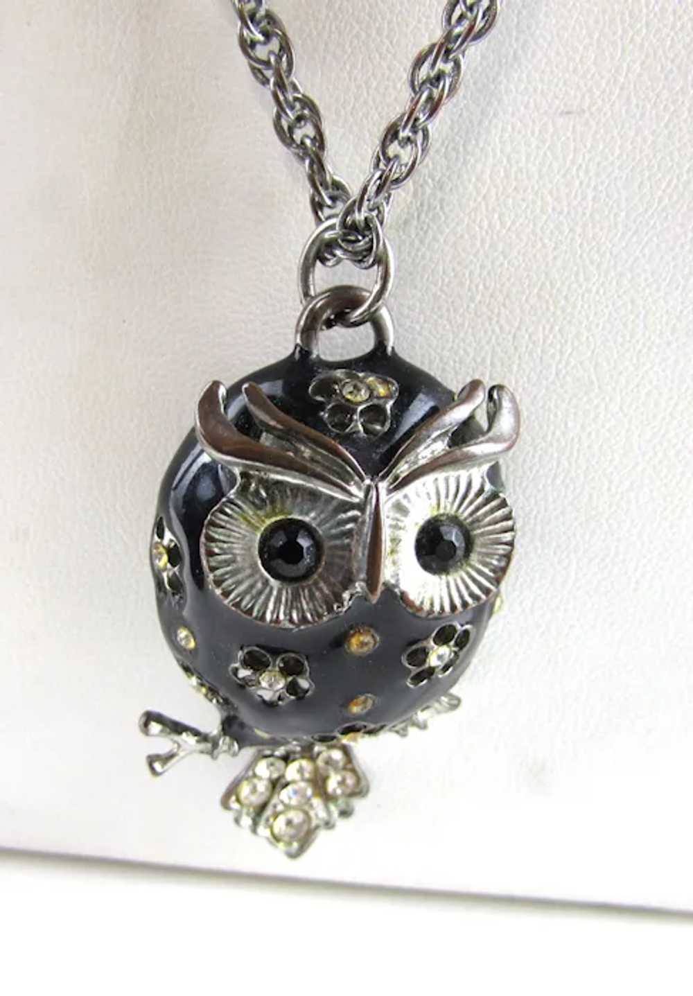 Black Enamelled Owl Pendant With Crystal Eyes and… - image 3