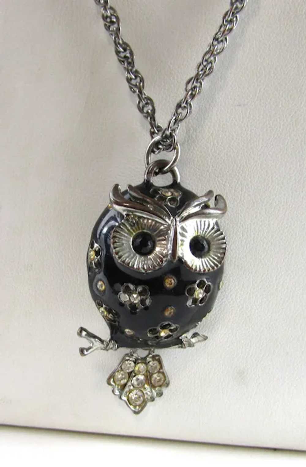 Black Enamelled Owl Pendant With Crystal Eyes and… - image 5