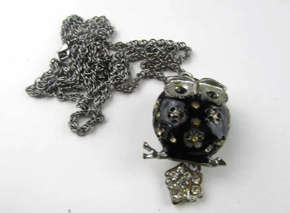 Black Enamelled Owl Pendant With Crystal Eyes and… - image 7