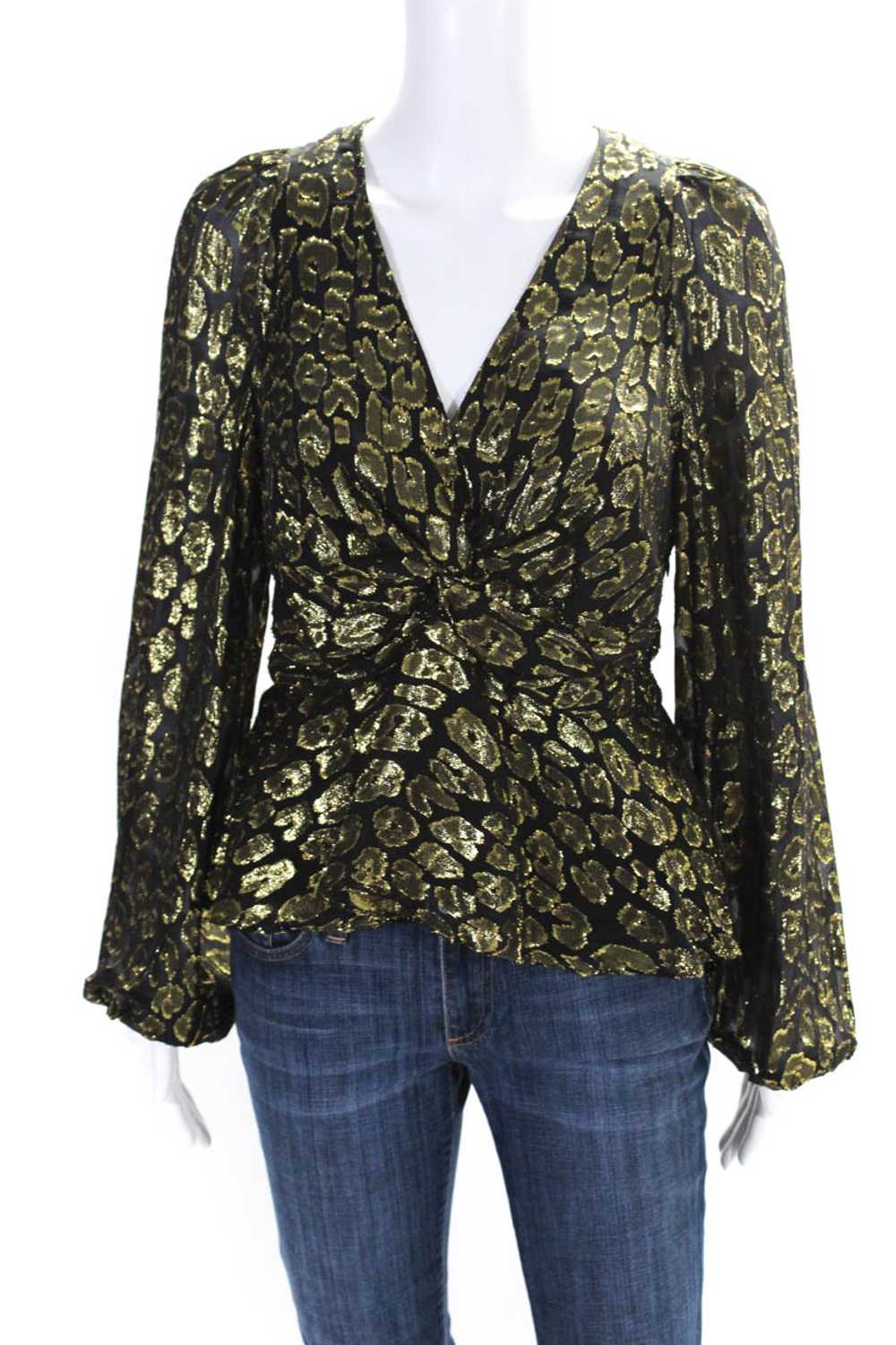 ALC Womens Side Zip Metallic Leopard V Neck Silk … - image 1