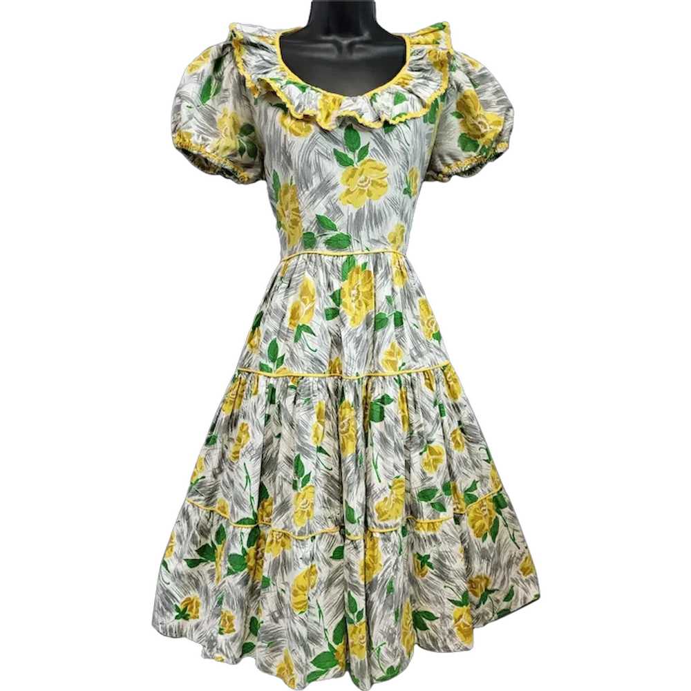 1940s - 1950s Cotton Dress Tiered Skirt Ruffled N… - image 1