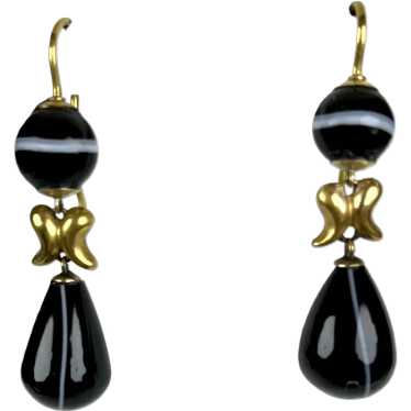 Victorian 15K Black Banded Agate Drop Earrings - image 1