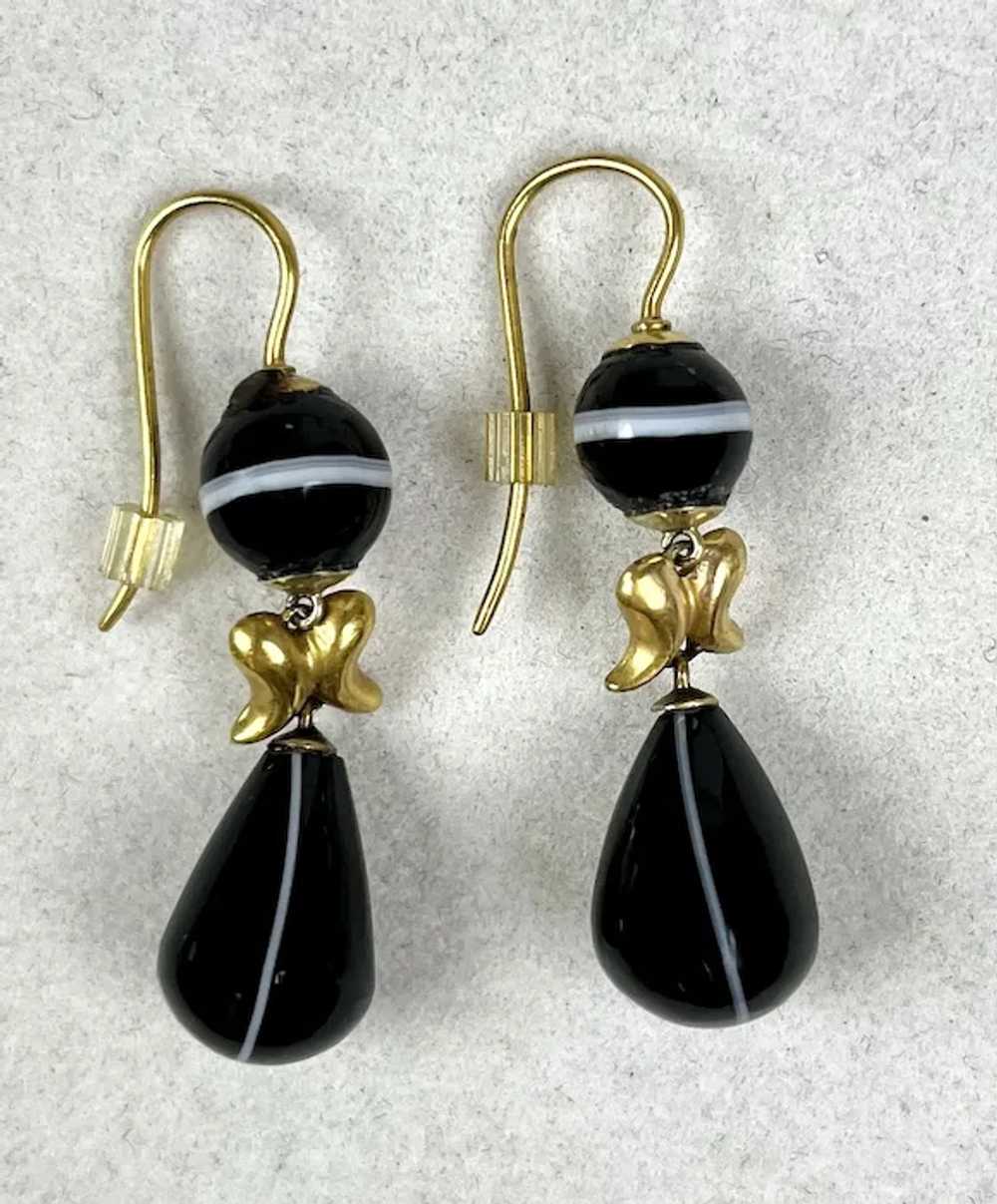 Victorian 15K Black Banded Agate Drop Earrings - image 4