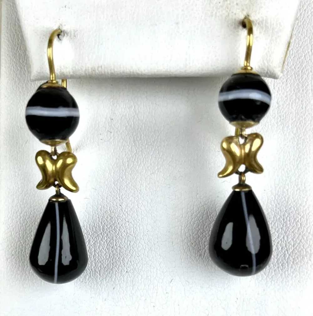 Victorian 15K Black Banded Agate Drop Earrings - image 5