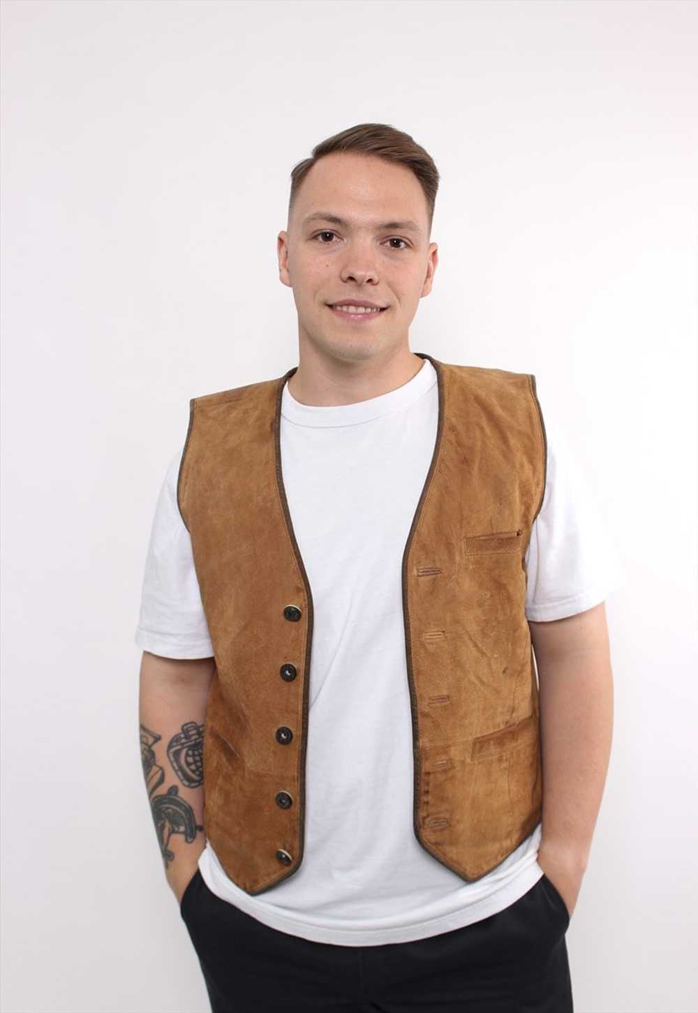 80s heritage leather vest in brown, vintage butto… - image 1