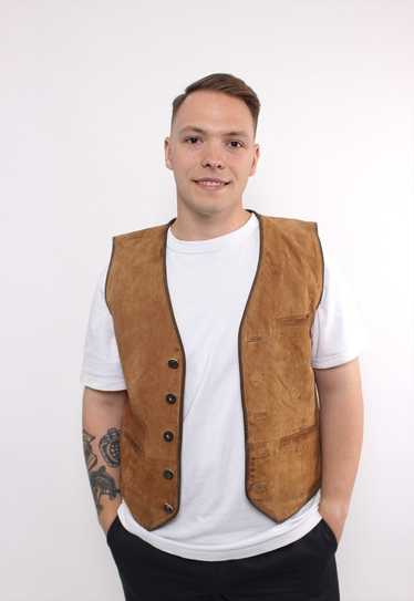 80s heritage leather vest in brown, vintage butto… - image 1