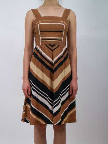 1970s Cotton Chevron Brown and White Sundress