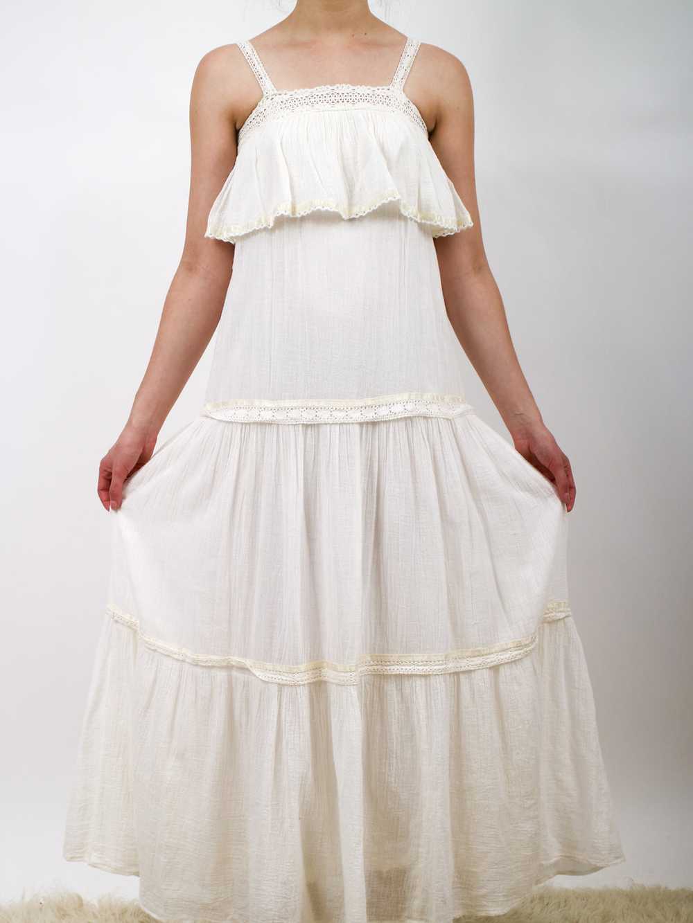 1970s White Gauzy Tiered Maxi Dress - image 2