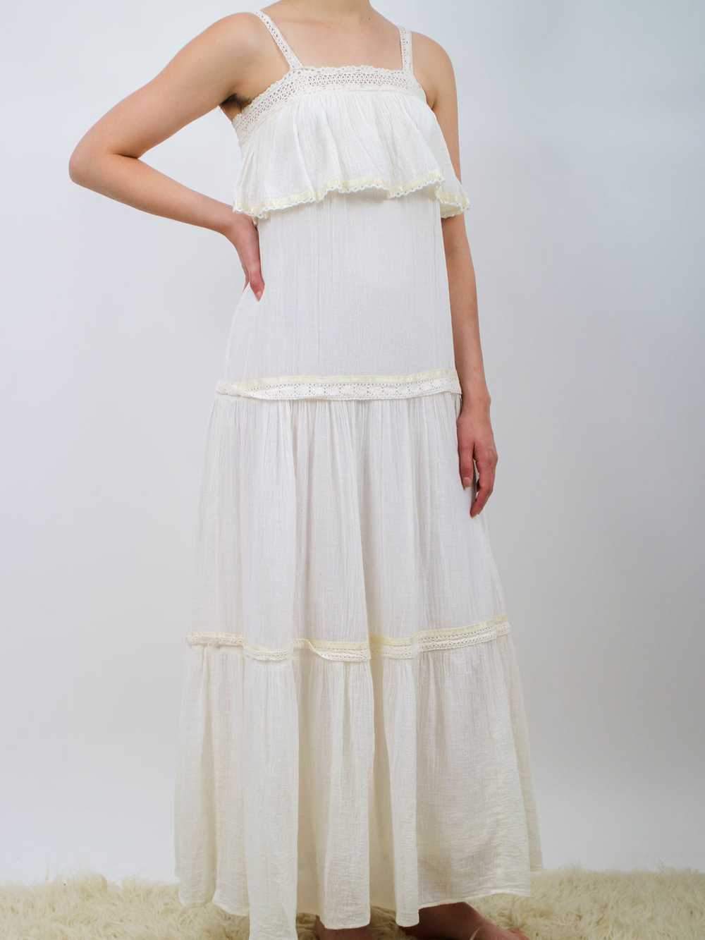 1970s White Gauzy Tiered Maxi Dress - image 3