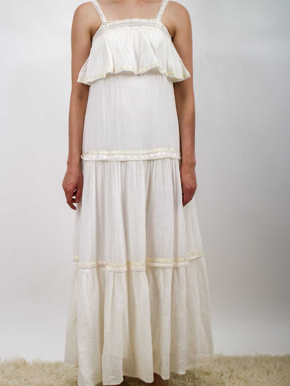 1970s White Gauzy Tiered Maxi Dress - image 6