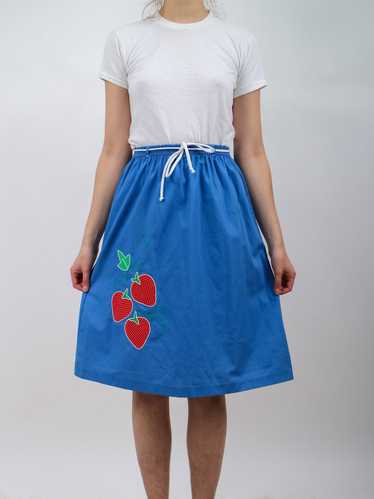 1970s Cotton Novelty Blue and Red Strawberry Appiq