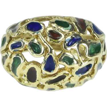 14K 1960's Domed Rainbow Enamel Cocktail Ring Size