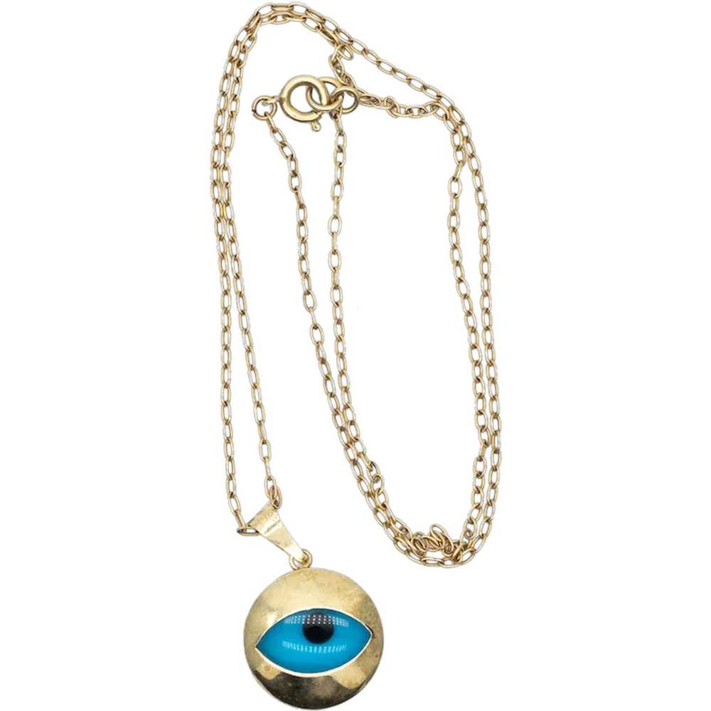 Vintage 14ct Yellow Gold Blue Evil Eye Pendant Ne… - image 1