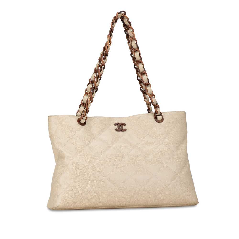 Beige Chanel CC Quilted Caviar Wood Chain Tote - image 2