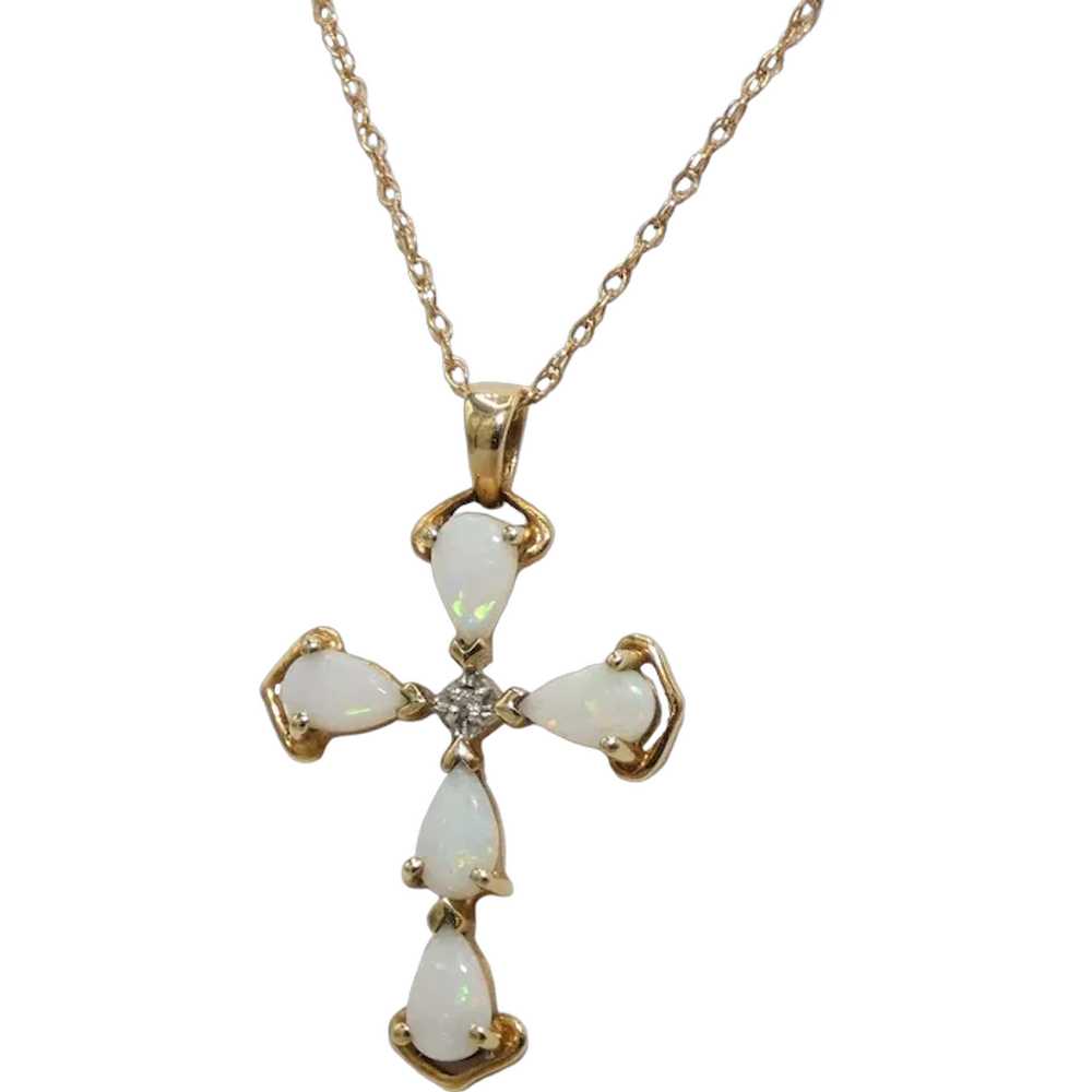 10K Gold Opal & Diamond Cross Necklace - image 1