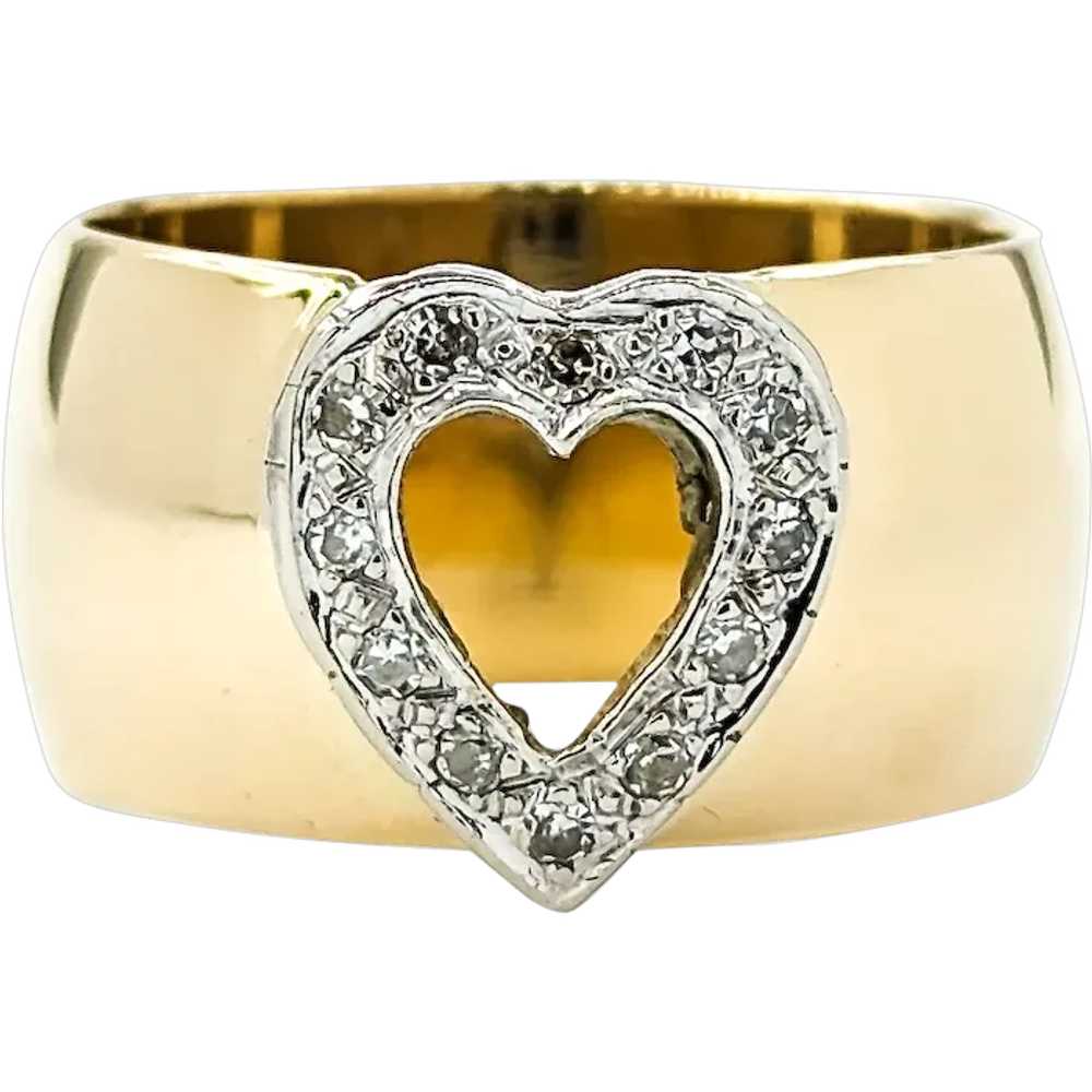 Heart Motif Diamond 10mm Wide Band White & Yellow… - image 1