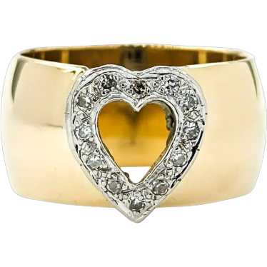 Heart Motif Diamond 10mm Wide Band White & Yellow… - image 1