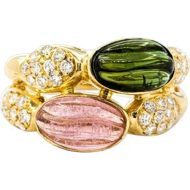 Ribbed Cabochon Tourmaline Ring With Diamonds In … - image 1