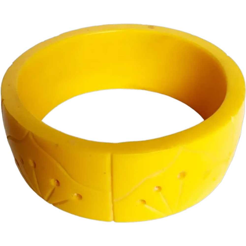 Carved Bangle Bracelet Bright Yellow Wide Thick a… - image 1