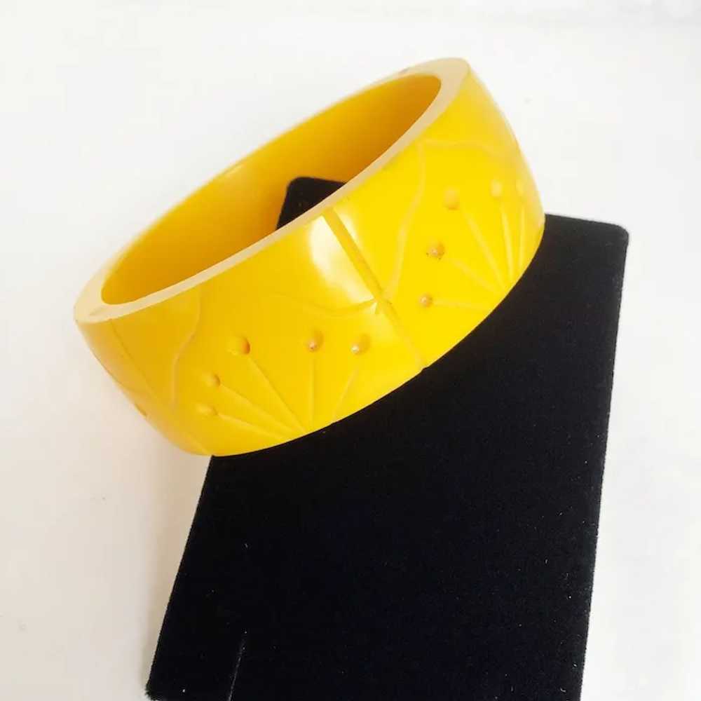 Carved Bangle Bracelet Bright Yellow Wide Thick a… - image 3