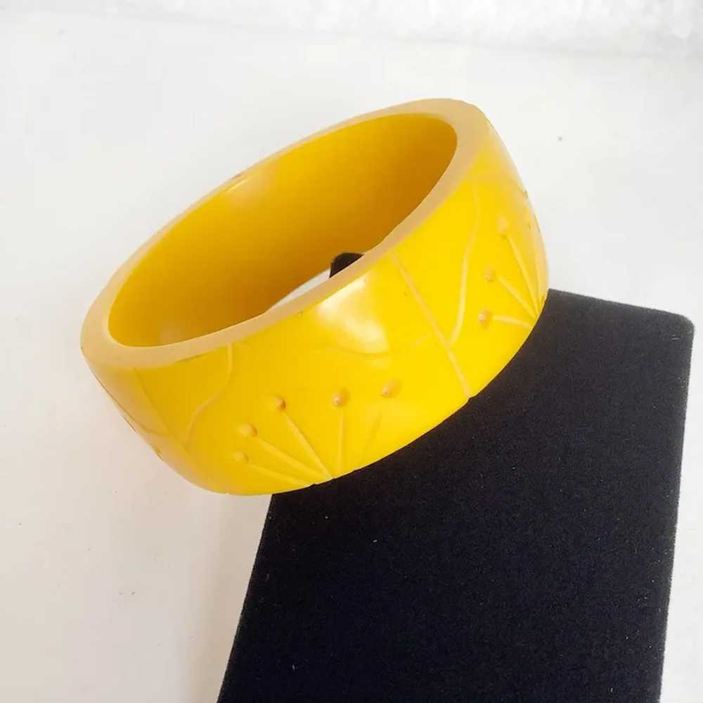 Carved Bangle Bracelet Bright Yellow Wide Thick a… - image 5