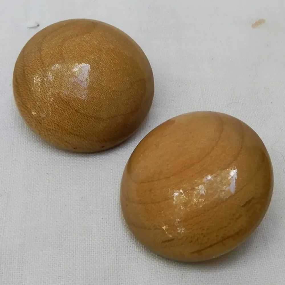 Vintage Unsigned Round Wood Button Clip on Earrin… - image 2